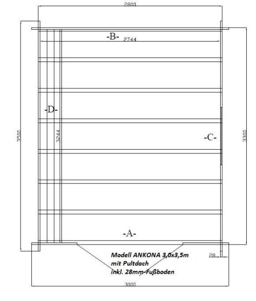 Gartenhaus ANKONA Bohlenmaß: 3,00 x 3,50m mit 28mm Fußboden