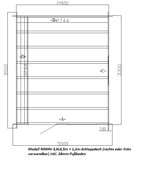 Gartenhaus RIMINI - 3,00 x 3,50m plus 1,20x3,50m Schleppdach