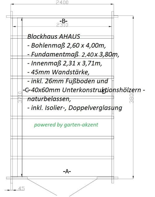 Gartenhaus AHAUS - 2,60 x 4,00m mit Boden