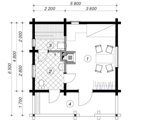 190mm Durchmesser Rundholz Ferienhaus Blockhaus 25m² + 8,7m² Terrasse mit lasierten Fenstern und Türen im Wunschfarbton