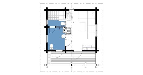 190mm Durchmesser Rundholz Ferienhaus Blockhaus 25m² + 8,7m² Terrasse mit lasierten Fenstern und Türen im Wunschfarbton