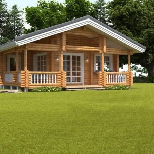 190mm Durchmesser Rundholz Ferienhaus Blockhaus 25m² + 8,7m² Terrasse mit lasierten Fenstern und Türen im Wunschfarbton 