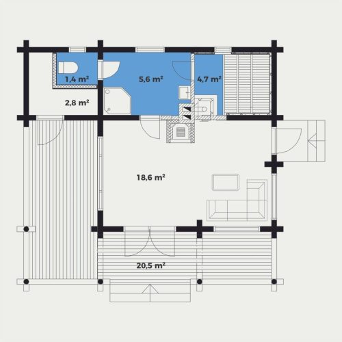 190mm Durchmesser Rundholz Ferienhaus Blockhaus 25m² + 8,7m² Terrasse mit lasierten Fenstern und Türen im Wunschfarbton