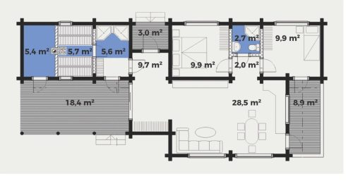 190mm Durchmesser Rundholz Ferienhaus Blockhaus 79,4m² + 27,3m² Terrasse mit lasierten Fenstern und Türen im Wunschfarbton