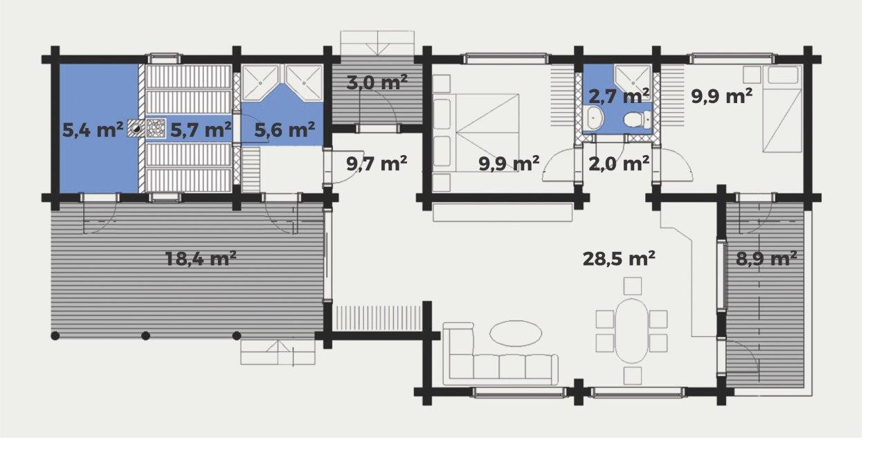 190mm Durchmesser Rundholz Ferienhaus Blockhaus 79,4m² + 27,3m² Terrasse mit lasierten Fenstern und Türen im Wunschfarbton 