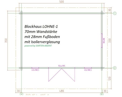 Gartenhaus LOHNE-1 - 5,00 x 3,50m mit Fußboden und