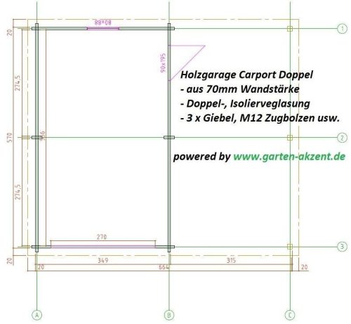 Holzgarage mit Carport 6,81 x 5,90m aus 70mm Wandbohlen GRAFSCHAFTER