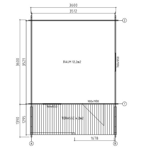 Gartenhaus NORA - 3,78 x 3,78m + 1,30m-Terrasse mit Boden