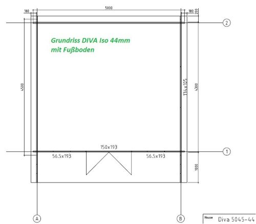 44mm Gartenhaus DIVA 5,00 x 4,50m