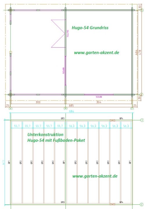 Gartenhaus HUGO 54 - 5,0 x 4,0m + 3m Terrasse und Fußboden-Paket