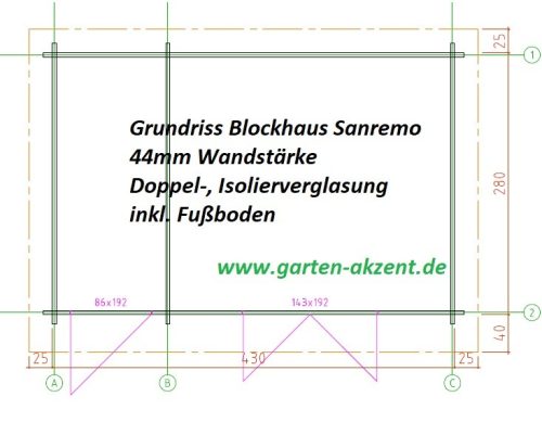 44mm Blockhaus mit 2 Räumen SANREMO, Pultdach, Fußboden, Doppel-, Isolierverglasung