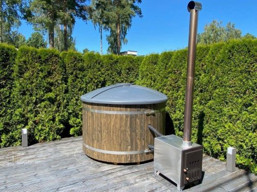 Badezuber Badebottich Hot Tub mit externem Ofen, PE-Kunststoff Einsatz und Abdeckung in grau