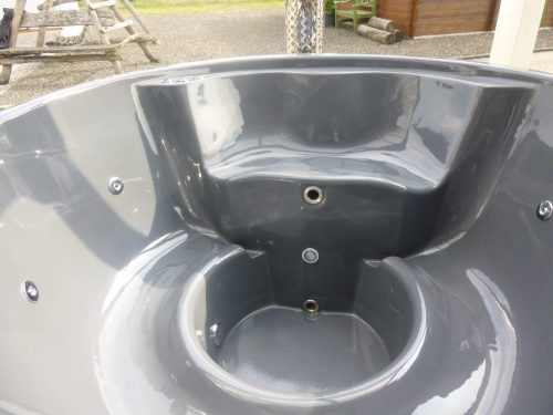 Jacuzzi Badezuber Whirlpool Holz Hot Tub mit internem Ofen inkl. Pumpe, Leiter, Glasfaser-Einsatz und Deckel in grau