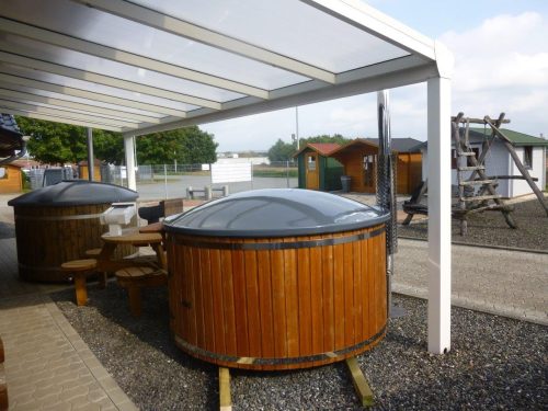 Jacuzzi Badezuber Whirlpool Holz Hot Tub mit internem Ofen inkl. Pumpe, Leiter, Glasfaser-Einsatz und Deckel in grau