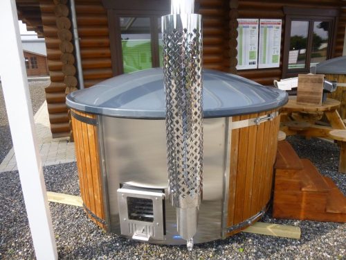 Jacuzzi Badezuber Whirlpool Holz Hot Tub mit internem Ofen inkl. Pumpe, Leiter, Glasfaser-Einsatz und Deckel in grau
