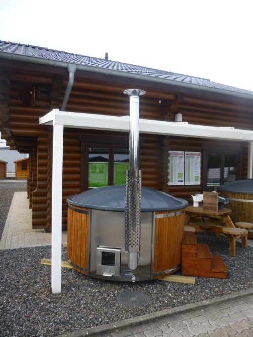 Jacuzzi Badezuber Whirlpool Holz Hot Tub mit internem Ofen inkl. Pumpe, Leiter, Glasfaser-Einsatz und Deckel in grau