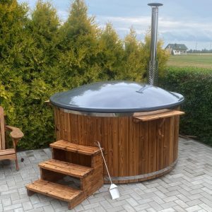 Jacuzzi Badezuber Whirlpool Holz Hot Tub mit internem Ofen inkl. Pumpe, Leiter, Glasfaser-Einsatz und Deckel in grau