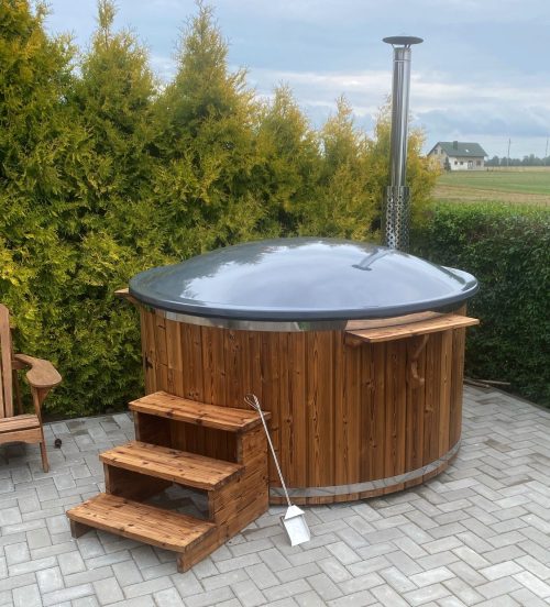Jacuzzi Badezuber Whirlpool Holz Hot Tub mit internem Ofen inkl. Pumpe, Leiter, Glasfaser-Einsatz und Deckel in grau