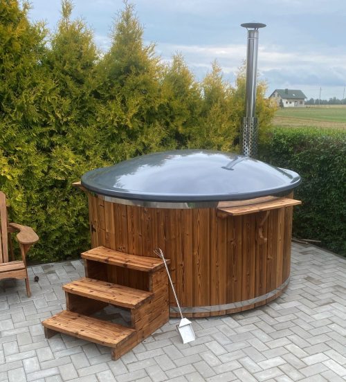 Jacuzzi Badezuber Whirlpool Holz Hot Tub mit internem Ofen inkl. Pumpe, Leiter, Glasfaser-Einsatz und Deckel in grau