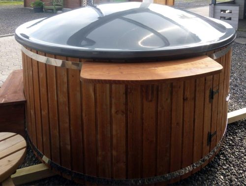 Jacuzzi Badezuber Whirlpool Holz Hot Tub mit internem Ofen inkl. Pumpe, Leiter, Glasfaser-Einsatz und Deckel in grau