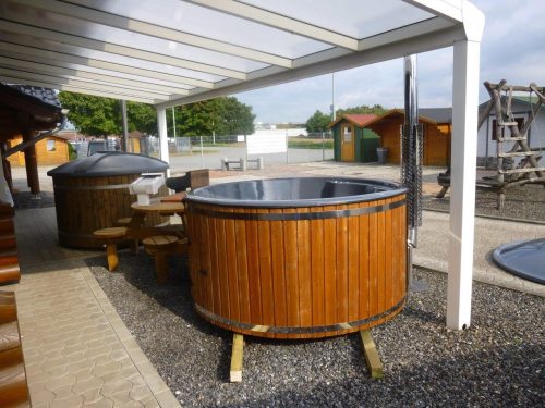 Jacuzzi Badezuber Whirlpool Holz Hot Tub mit internem Ofen inkl. Pumpe, Leiter, Glasfaser-Einsatz und Deckel in grau