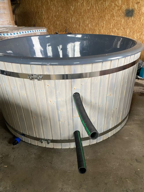 Jacuzzi Badezuber Whirlpool Holz Hot Tub mit internem Ofen inkl. Pumpe, Leiter, Glasfaser-Einsatz und Deckel in grau