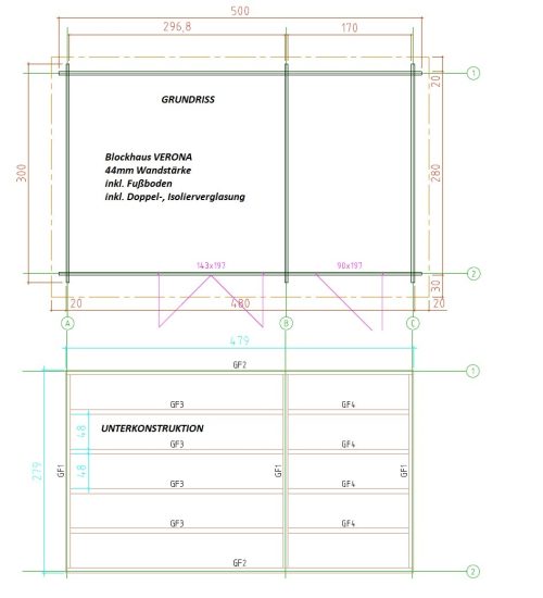 Gartenhaus VERONA 5,00 x 3,00m mit 2 Räumen inkl. Fußboden und Isolierverglasung