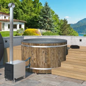 Badezuber Badebottich Hot Tub Ø 207 cm mit externem Ofen inkl. Kunststoff Einsatz und Deckel in grau