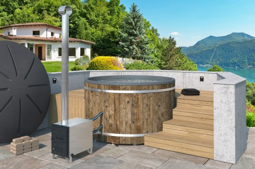 Badezuber Badebottich Hot Tub Ø 207 cm mit externem Ofen inkl. Kunststoff Einsatz und Deckel in grau