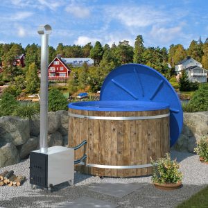 Badezuber Badebottich Hot Tub Ø 207 cm mit externem Ofen inkl. Kunststoff Einsatz und Deckel in blau