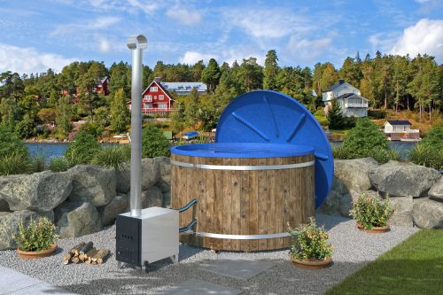 Badezuber Badebottich Hot Tub Ø 207 cm mit externem Ofen inkl. Kunststoff Einsatz und Deckel in blau