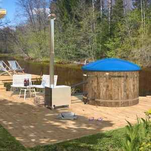 Badezuber Badebottich Hot Tub Ø 180cm mit externem Ofen inkl. Kunststoff Einsatz und Deckel in blau