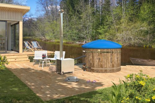 Badezuber Badebottich Hot Tub Ø 180cm mit externem Ofen inkl. Kunststoff Einsatz und Deckel in blau