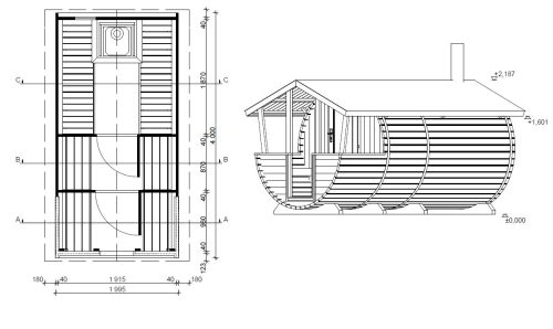 Fasssauna SORGLOS ca. 4,00m x Ø 2,00m mit 2 Räumen und Terrasse