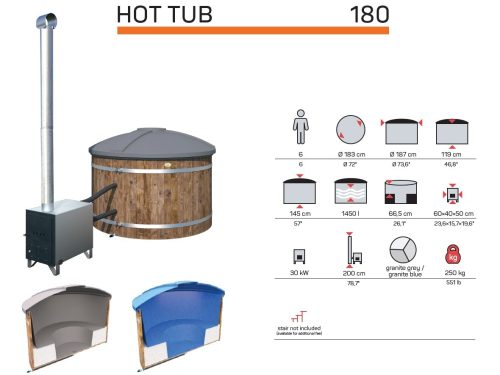Badezuber Badebottich Hot Tub Ø 180cm mit externem Ofen inkl. Kunststoff Einsatz und Deckel in blau