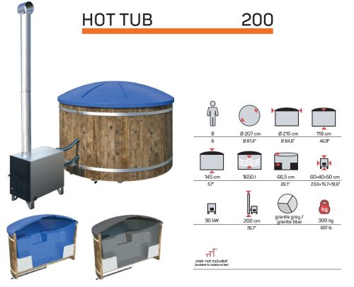 Badezuber Badebottich Hot Tub Ø 207 cm mit externem Ofen inkl. Kunststoff Einsatz und Deckel in grau