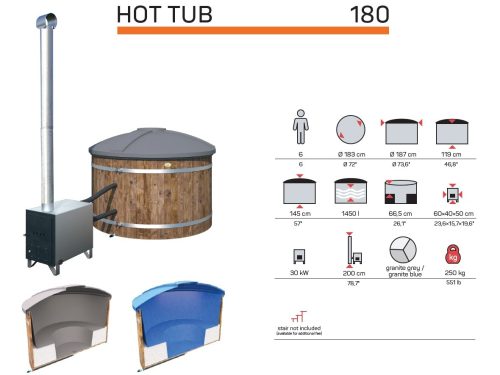 Badezuber Badebottich Hot Tub mit externem Ofen, PE-Kunststoff Einsatz und Abdeckung in grau