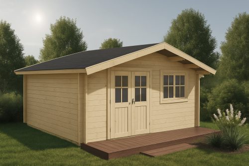 44mm Gartenhaus NORDHORN 5,20 x 4,20 + 0,70m-Vordach mit Fußboden und Isolierverglasung