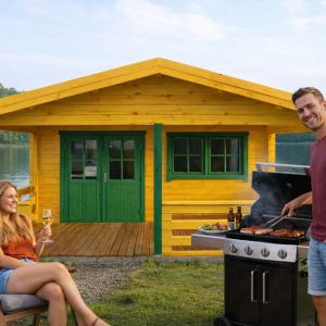 70mm Gartenhaus HUGO-55  5,0x5,0m+3,0m-Veranda, mit 28mm Terrasse- und Fussboden-Paket