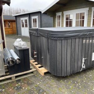 Badezuber WPC RECHTECK Whirlpool Jacuzzi Hot Tub 172 x 202cm mit externem Ofen inkl. Thermodeckel, Filter-Vorbereitung, Leiter usw.