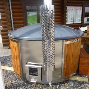 Badezuber Whirlpool Jacuzzi Holz Hot Tub Ø 205cm mit internem Ofen inkl. Pumpe, LED, Leiter, Glasfaser-Einsatz u. Deckel in grau