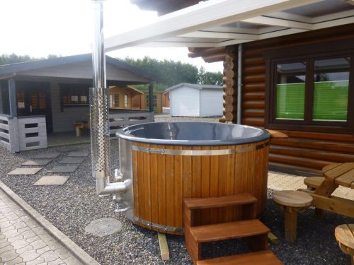 Badezuber Whirlpool Jacuzzi Holz Hot Tub Ø 205cm mit internem Ofen inkl. Thermodeckel, Filter-Vorbereitung usw. in hellgrau, Ebenholz oder Eiche hell lasiert