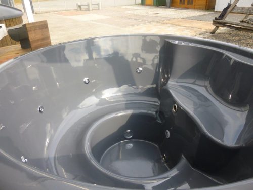 Badezuber Whirlpool Jacuzzi Holz Hot Tub Ø 205cm mit internem Ofen inkl. Thermodeckel, Filter-Vorbereitung usw. in hellgrau, Ebenholz oder Eiche hell lasiert