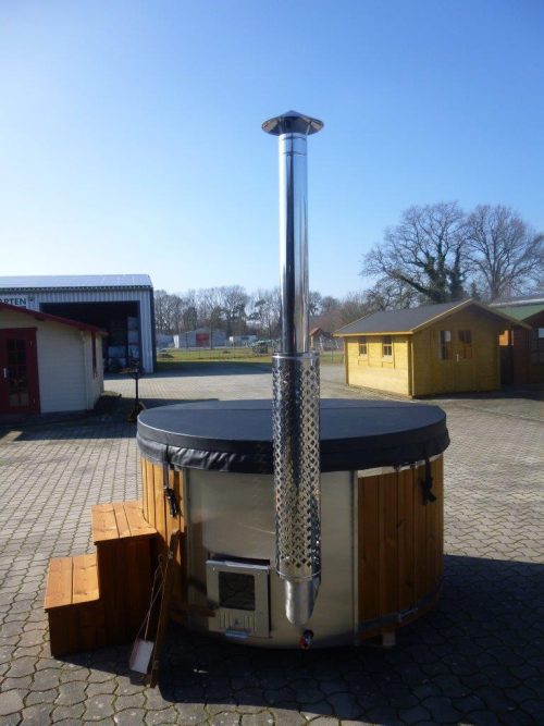 Badezuber THERMOHOLZ Whirlpool Jacuzzi Hot Tub Ø 205cm mit internem Ofen inkl. Thermodeckel, Pumpe, LED, Leiter, Glasfaser-Einsatz, Filter-Vorbereitung