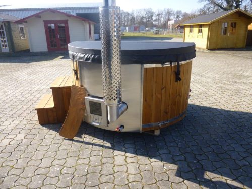 Badezuber THERMOHOLZ Whirlpool Jacuzzi Hot Tub Ø 205cm mit internem Ofen inkl. Thermodeckel, Pumpe, LED, Leiter, Glasfaser-Einsatz, Filter-Vorbereitung