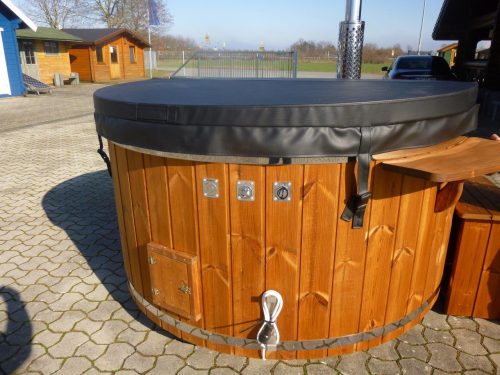 Badezuber THERMOHOLZ Whirlpool Jacuzzi Hot Tub Ø 205cm mit internem Ofen inkl. Thermodeckel, Pumpe, LED, Leiter, Glasfaser-Einsatz, Filter-Vorbereitung