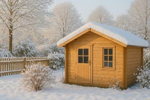 Winterliches Gartenhaus aus Holz mit Zaun und Gartenanlage – Inspiration für die Gartensaison 2026