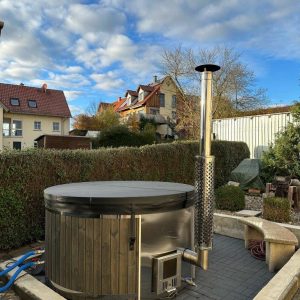 Badezuber Whirlpool Jacuzzi Holz Hot Tub Ø 225cm mit internem Ofen inkl. Thermodeckel, Filter-Vorbereitung usw. in Hellgrau, Ebenholz oder Eiche hell lasiert